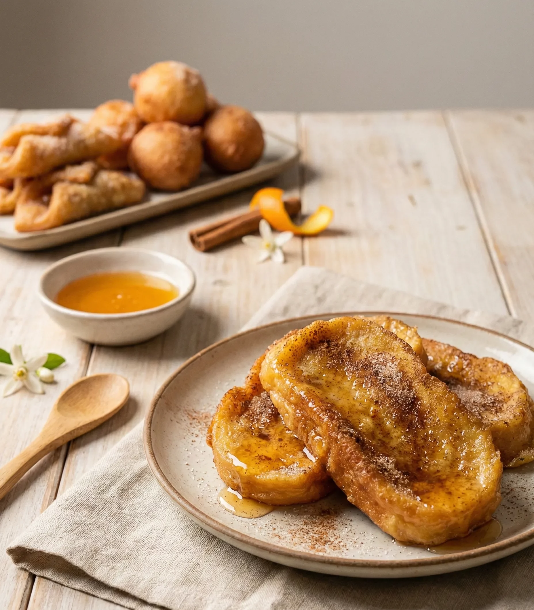 Dulces de Semana Santa - Torrijas tradicionales de Semana Santa con canela y miel, con pestiños y buñuelos al fondo.